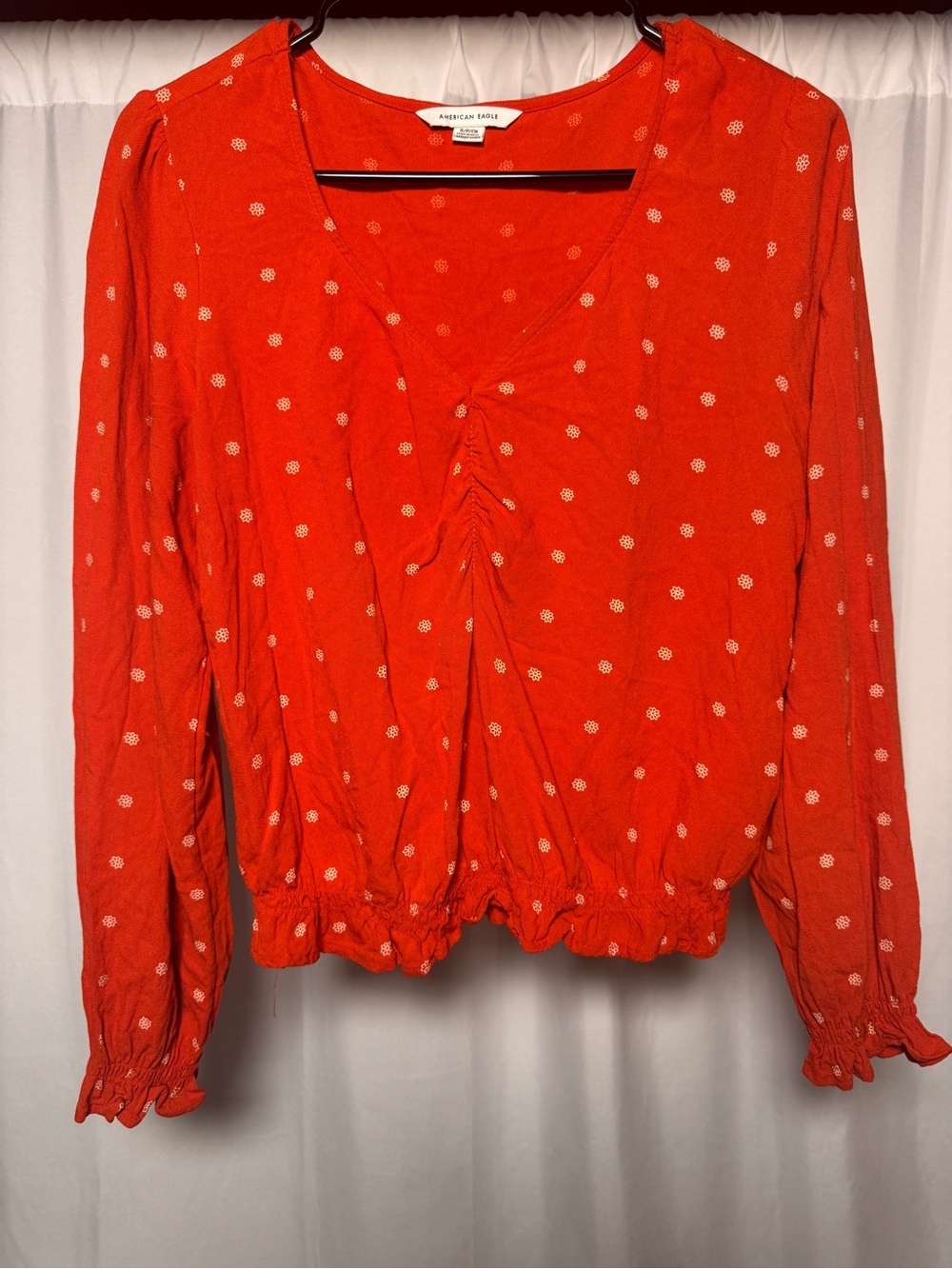 American Eagle Orange/Red Floral Blouse Puff Sleeve Ruffle Hem Womens Small